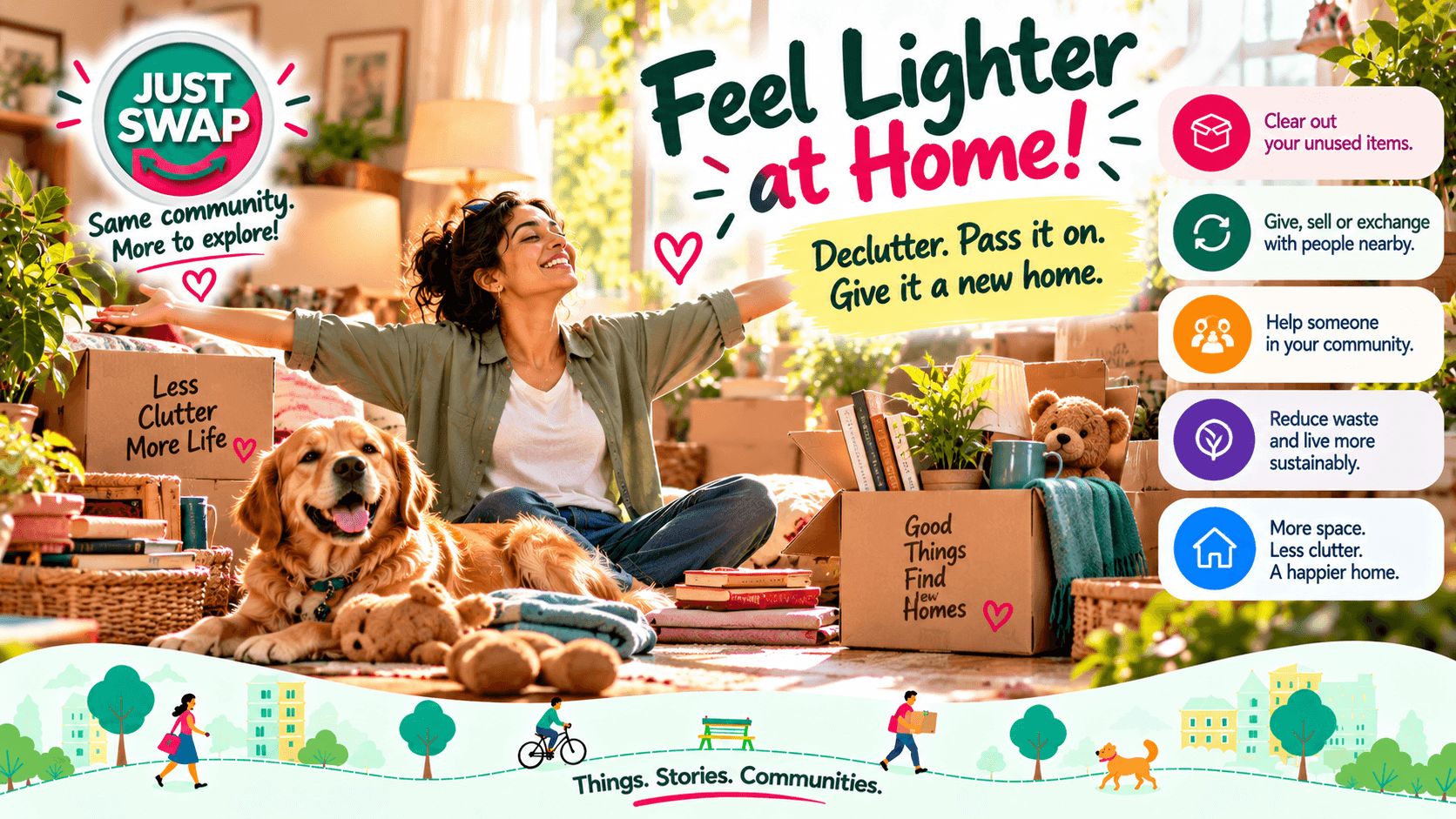 Feel Lighter at Home! Declutter. Pass it on. Give it a new home. More space. Less clutter. A happier home.